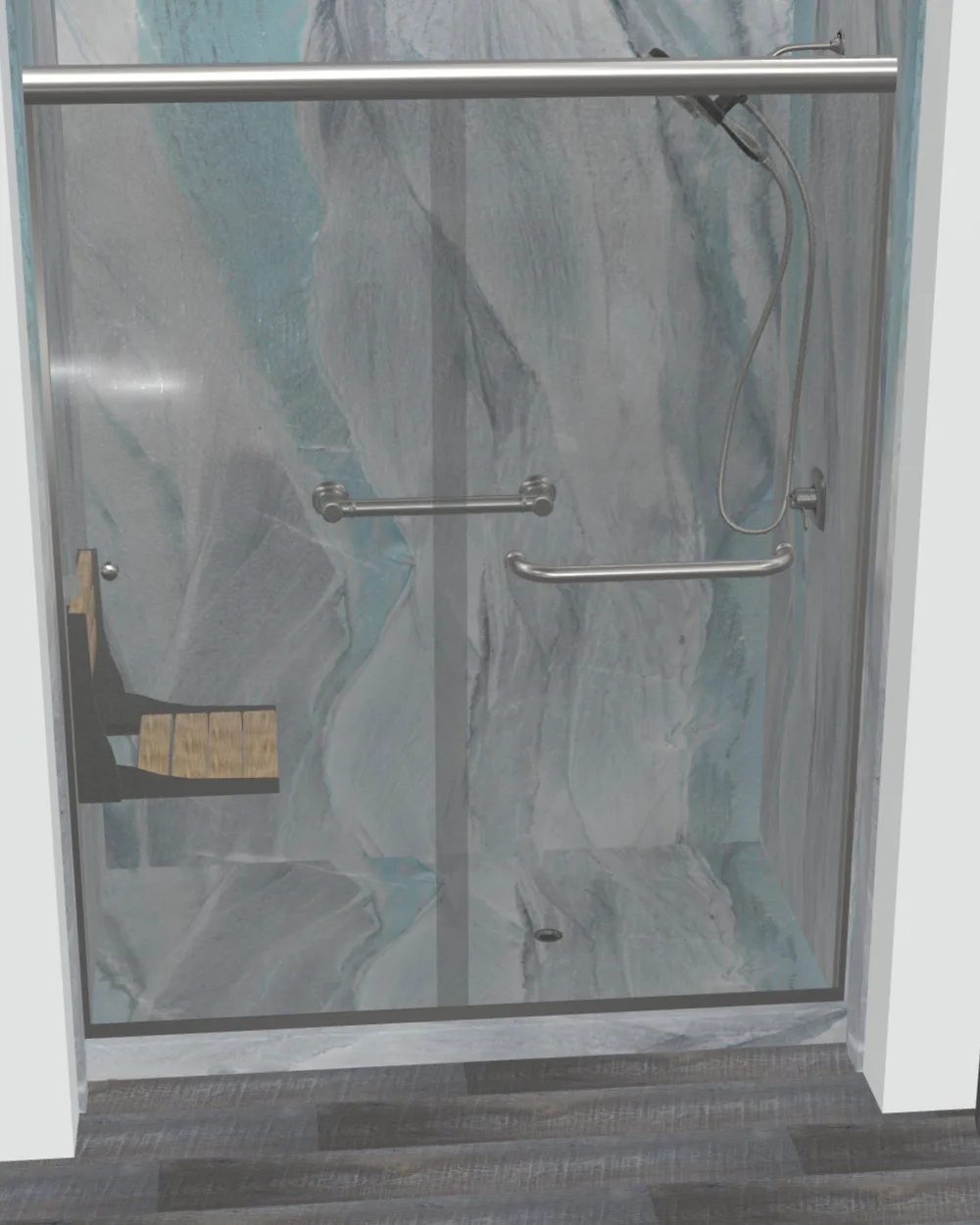 Blue-grey marble walk-in shower with sliding glass door and grab bars in Des Moines