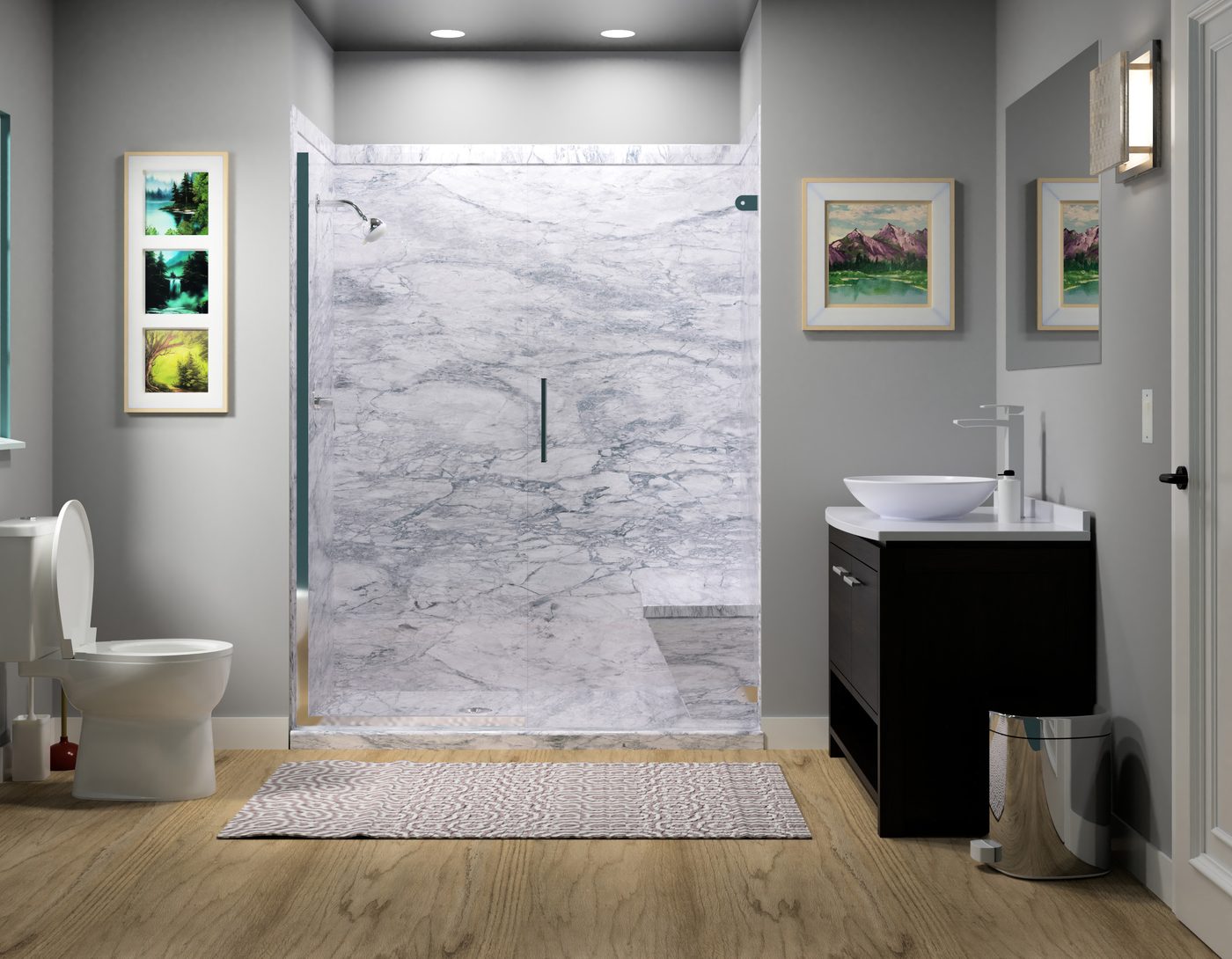 Full bathroom remodel with new shower, vanity, and flooring