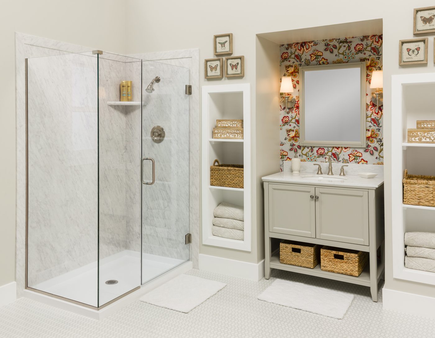 Bright bathroom with glass shower and new vanity