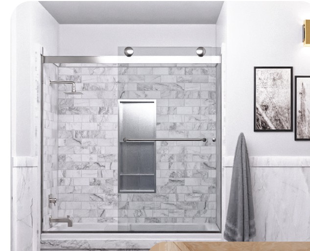 Walk-in marble tile shower installed by Five Star Bath Solutions
